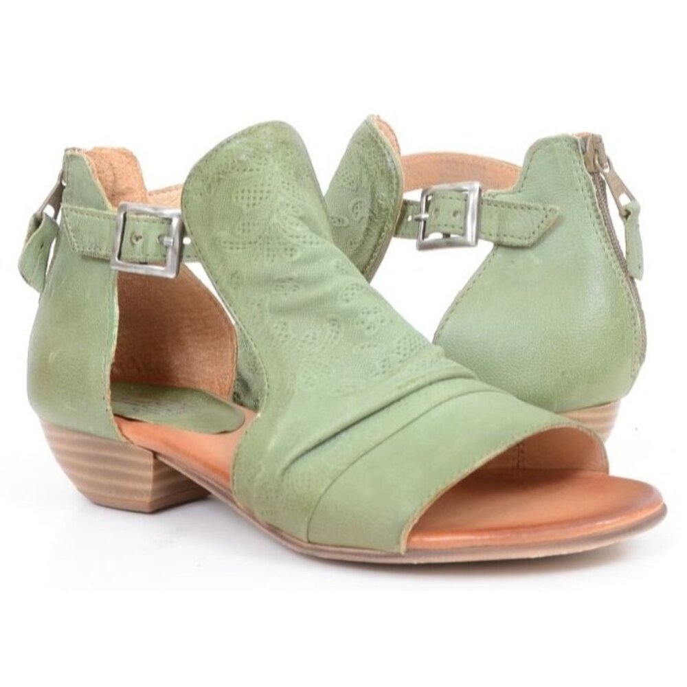 Miz Mooz Corra 6.5 Green Floral-embossed Leather Heeled Caged Sandals Feminine